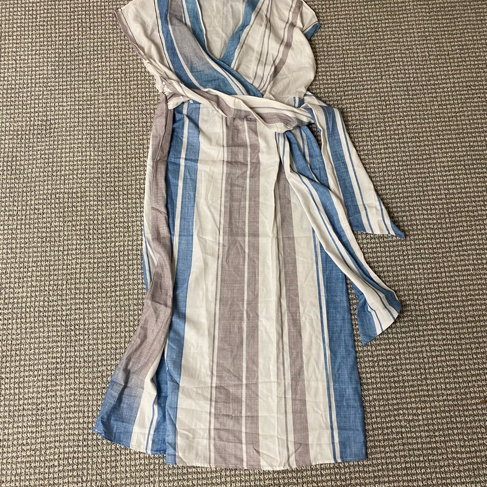 NWOT Striped Blue & Taupe Wrap Dress